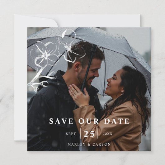 Handgezeichnete Blumenhochzeit QR Code Foto Square Save The Date (Vorderseite)