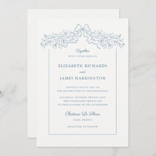 Handgezeichnete Blütenbow Rahmen Dusty Blue Weddin Einladung (Vorne/Hinten)