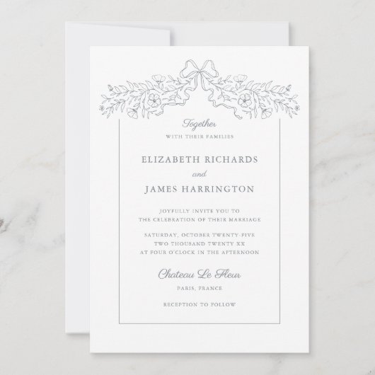 Handgezeichnete Blütenbow-Rahmen Graue Hochzeit Einladung (Vorderseite)