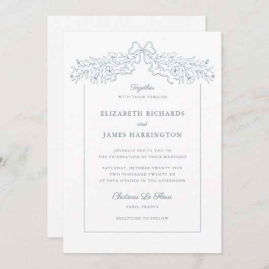 Handgezeichnete Blütenbow-Rahmen Graue Hochzeit Einladung (Vorne/Hinten)