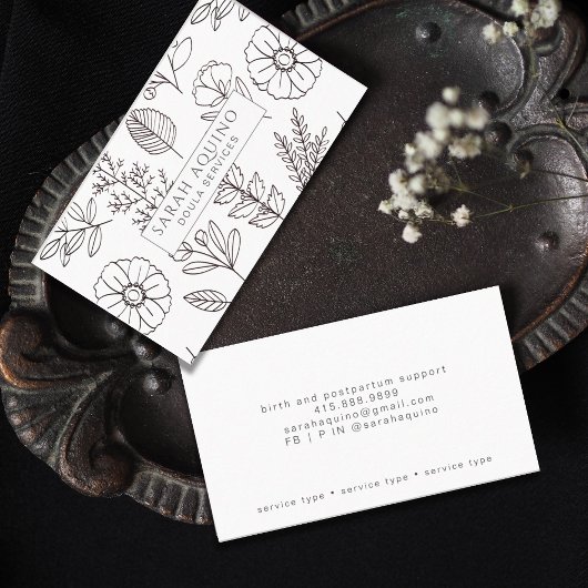 Handgezeichnete Blütendoodle Doula Weißer Geburtsl Visitenkarte