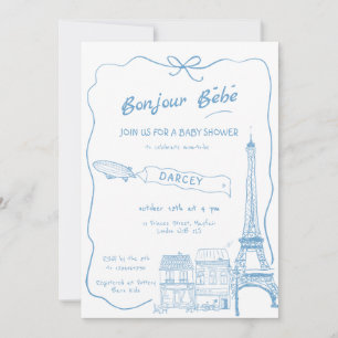 Handgezeichnete Bonjour Bebe Französisch Blue Baby Einladung