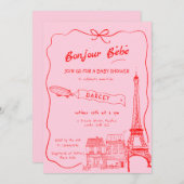 Handgezeichnete Bonjour Bebe Französisch Pink Baby Einladung (Vorne/Hinten)