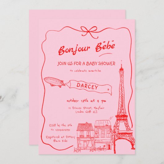 Handgezeichnete Bonjour Bebe Französisch Pink Baby Einladung (Vorne/Hinten)