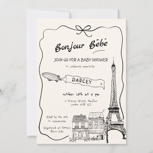 Handgezeichnete Bonjour Bebe French Baby Dusche Einladung (Vorderseite)