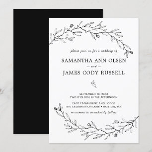 Handgezeichnete botanische schwarz-weiße Hochzeit Einladung