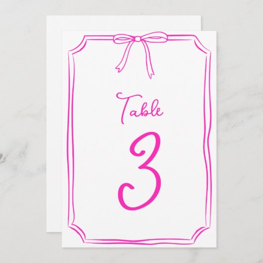 Handgezeichnete Bow Coquette Hot Pink Tischnummer (Vorne/Hinten)