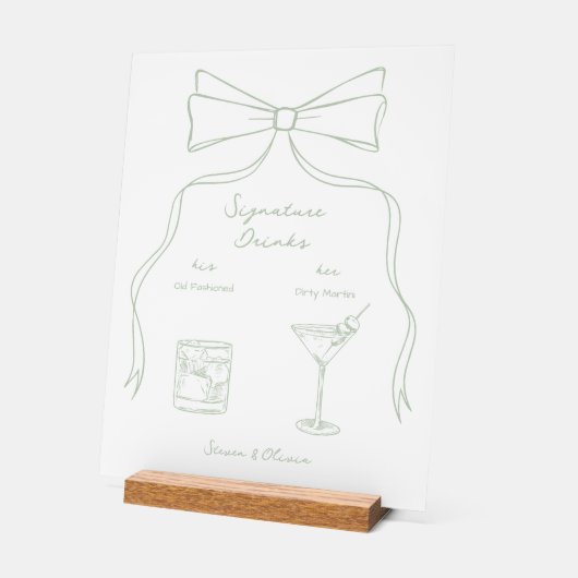 Handgezeichnete Bow Grüne Signature Drinks Hochzei Acrylschild (Winkel)