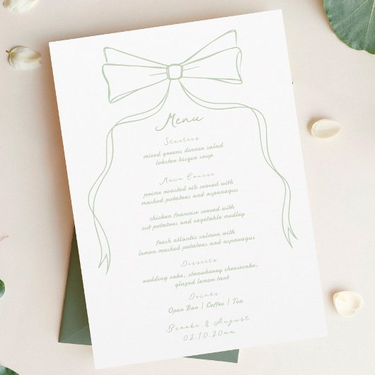 Handgezeichnete Bow White und Sage Green Wedding Menükarte