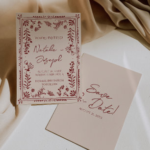 Handgezeichnete Burgunderrote Tiefrote Florale Gar Save The Date