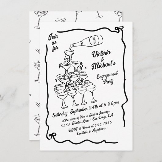 Handgezeichnete Champagner-Stack-Engagement-Partei Einladung (Vorne/Hinten)