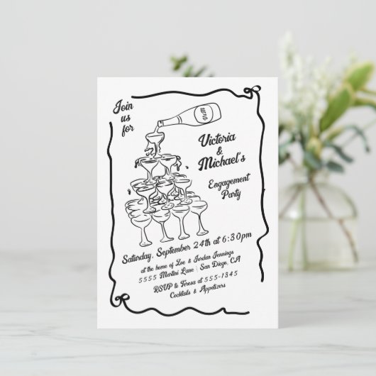 Handgezeichnete Champagner-Stack-Engagement-Partei Einladung (Stehend Vorderseite)