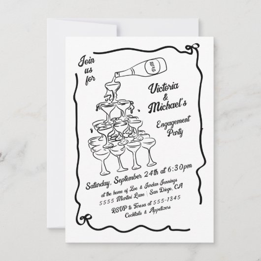 Handgezeichnete Champagner-Stack-Engagement-Partei Einladung (Vorderseite)