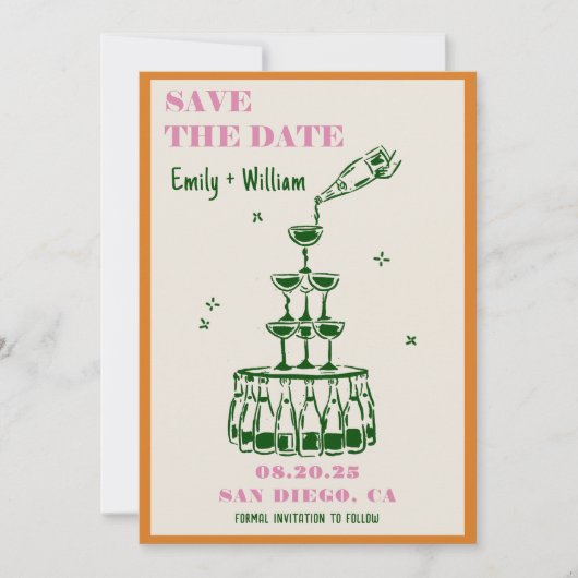 Handgezeichnete Champagnerhochzeit Save the Date Einladung (Vorderseite)