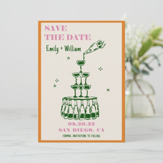 Handgezeichnete Champagnerhochzeit Save the Date Einladung (Stehend Vorderseite)