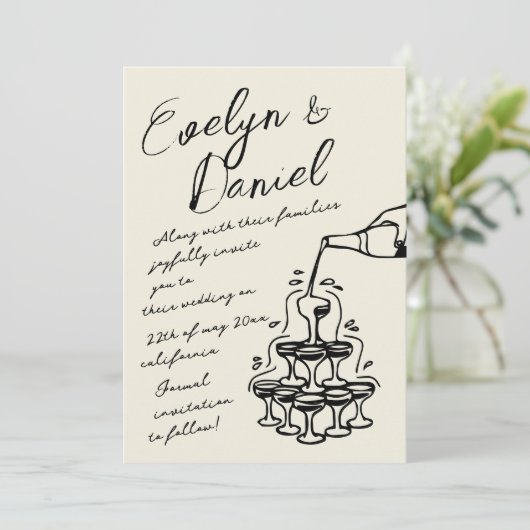 Handgezeichnete Champagnerturm Hochzeit im französ Einladung (Stehend Vorderseite)