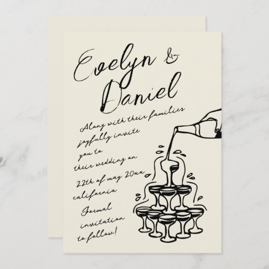 Handgezeichnete Champagnerturm Hochzeit im französ Einladung (Vorne/Hinten)