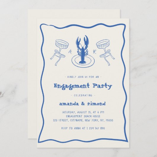 Handgezeichnete Cocktail- und Lobsterbindungsparty Einladung (Vorne/Hinten)