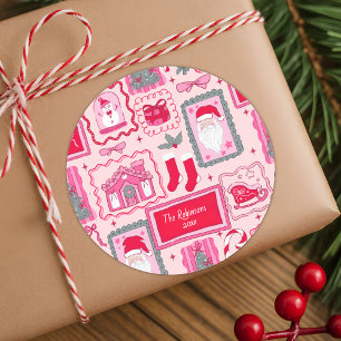 Handgezeichnete Coquette-Kritzelei rosa Weihnachts Runder Aufkleber