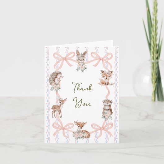 Handgezeichnete Coquette Ribbon Woodland Babydusch Dankeskarte (Vorderseite)
