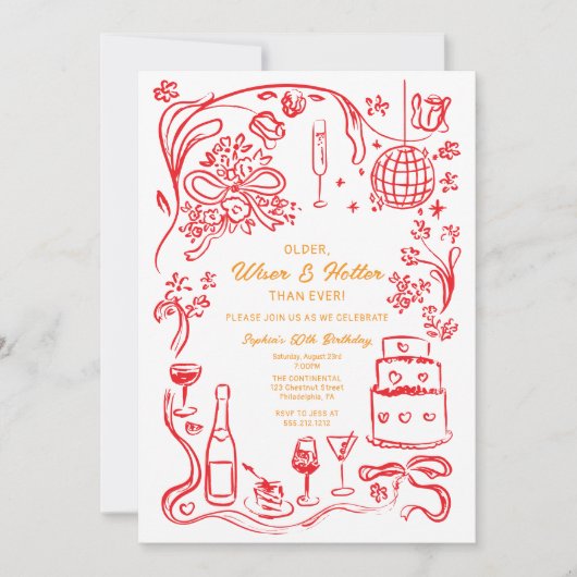 Handgezeichnete Coquette Wiser und Hotter Geburtst Einladung (Vorderseite)