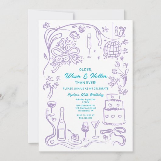 Handgezeichnete Coquette Wiser und Hotter Geburtst Einladung (Vorderseite)