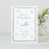 Handgezeichnete Doodle Blue Baby Dusche Einladung (Stehend Vorderseite)