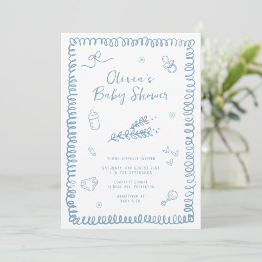 Handgezeichnete Doodle Blue Baby Dusche Einladung (Stehend Vorderseite)