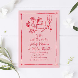 Handgezeichnete Doodle-Küche und Getränke Rosa-Rot Einladung