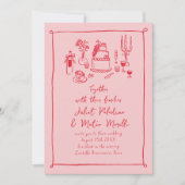 Handgezeichnete Doodle-Küche und Getränke Rosa-Rot Einladung (Vorderseite)