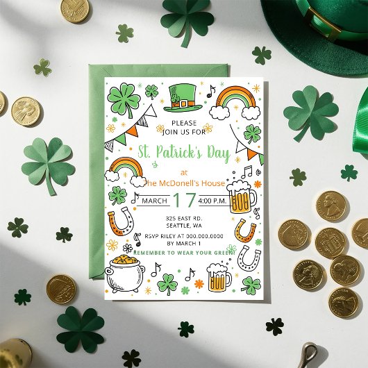 Handgezeichnete Doodle-Launische St. Patricks Day Einladung