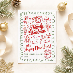 Handgezeichnete Doodle-Western-Howdy-Weihnachtskar Einladung
