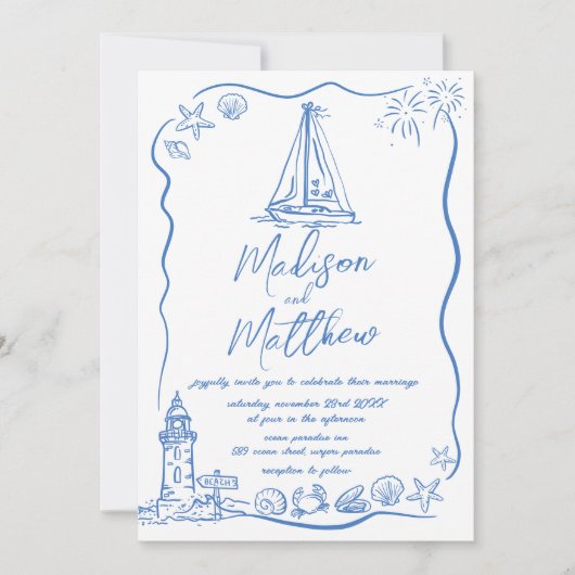 Handgezeichnete Doodles Boat Beach Wasserpfeife Einladung (Vorderseite)