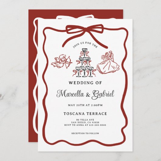 Handgezeichnete Doodles Italienisches Thema Hochze Einladung (Vorne/Hinten)