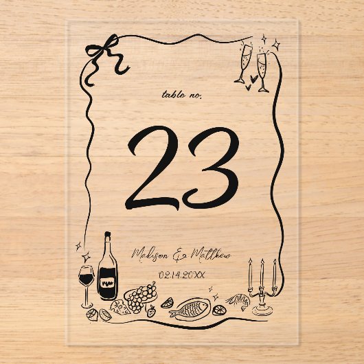 Handgezeichnete Doodles-Skripte Hochzeit-Tischnumm Acryleinladungen (Vorderseite)