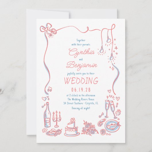 Handgezeichnete Doodles Whimsical Wedding Foto Einladung (Vorderseite)