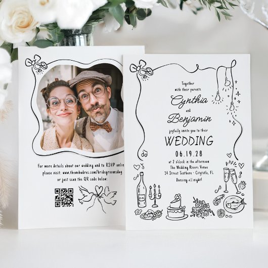 Handgezeichnete Doodles Whimsical Wedding Foto Einladung