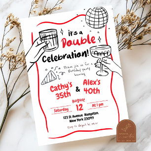 Handgezeichnete Doppelfeier Geburtstag Einladung