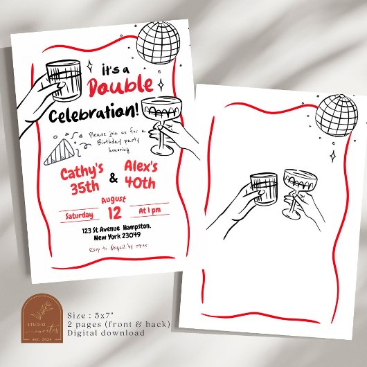 Handgezeichnete Doppelfeier Geburtstag Einladung