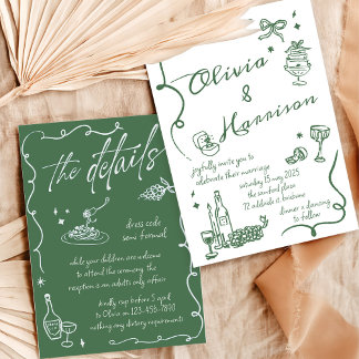 Handgezeichnete Elegant Retro Green Wedding Einlad Einladung