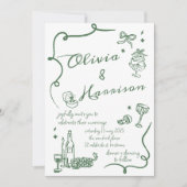 Handgezeichnete Elegant Retro Green Wedding Einlad Einladung (Vorderseite)