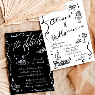 Handgezeichnete Elegante Retro Black Wedding Einla Einladung