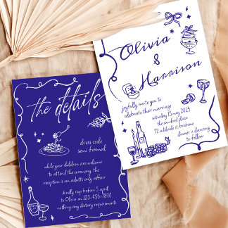 Handgezeichnete Elegante Retro Blue Wedding Einlad Einladung