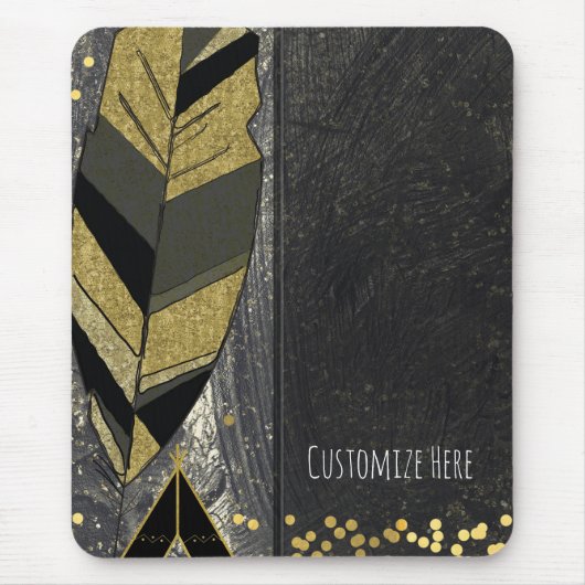 Handgezeichnete Feather & Tepee Gold Black Boho Gl Mousepad (Vorne)