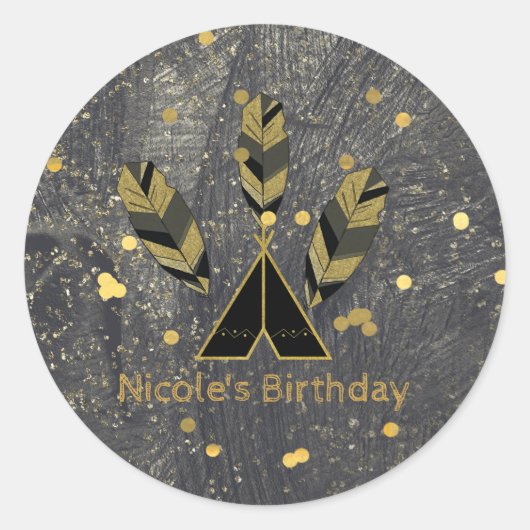 Handgezeichnete Feather & Tepee Gold Black Boho Gl Runder Aufkleber (Vorderseite)