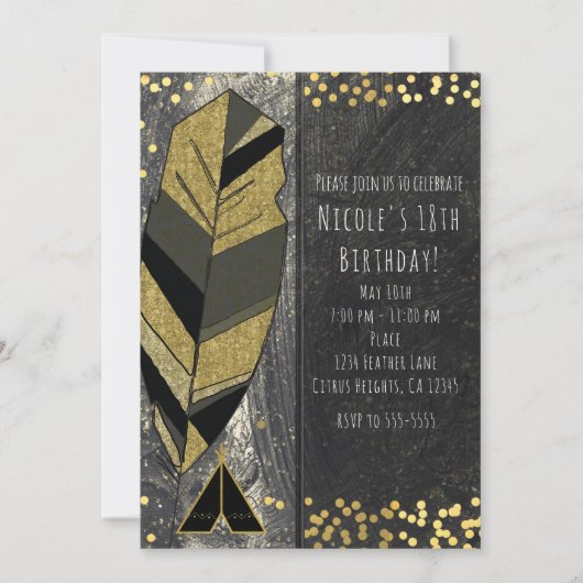 Handgezeichnete Feather & Tepee Gold Schwarze Einl Einladung (Vorderseite)