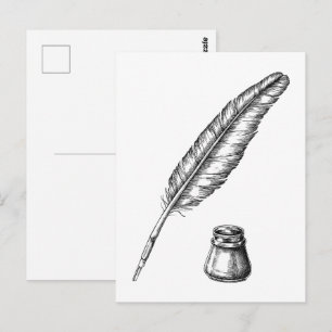 Handgezeichnete Feder mit Tintenfass Postkarte