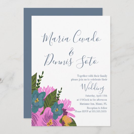 Handgezeichnete Florals Hochzeit kühne Farbeinladu Einladung (Vorne/Hinten)