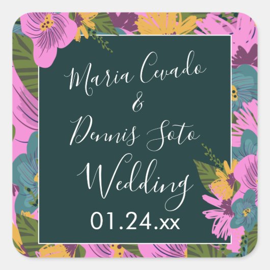 Handgezeichnete Florals Wedding Bold Pink Greeneri Quadratischer Aufkleber (Vorderseite)
