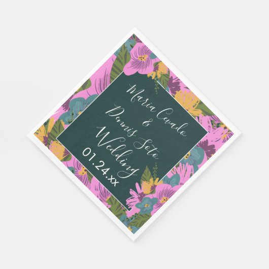 Handgezeichnete Florals Wedding Bold Pink Greeneri Serviette (Ecke)